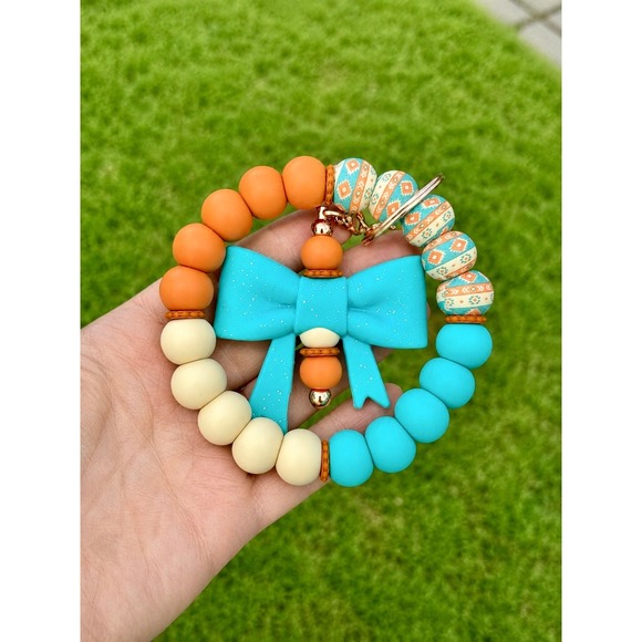 Handmade Accessories - Beaded Silicone Wristlet Keychain with Detachable Turquoise Bow Charm Boho